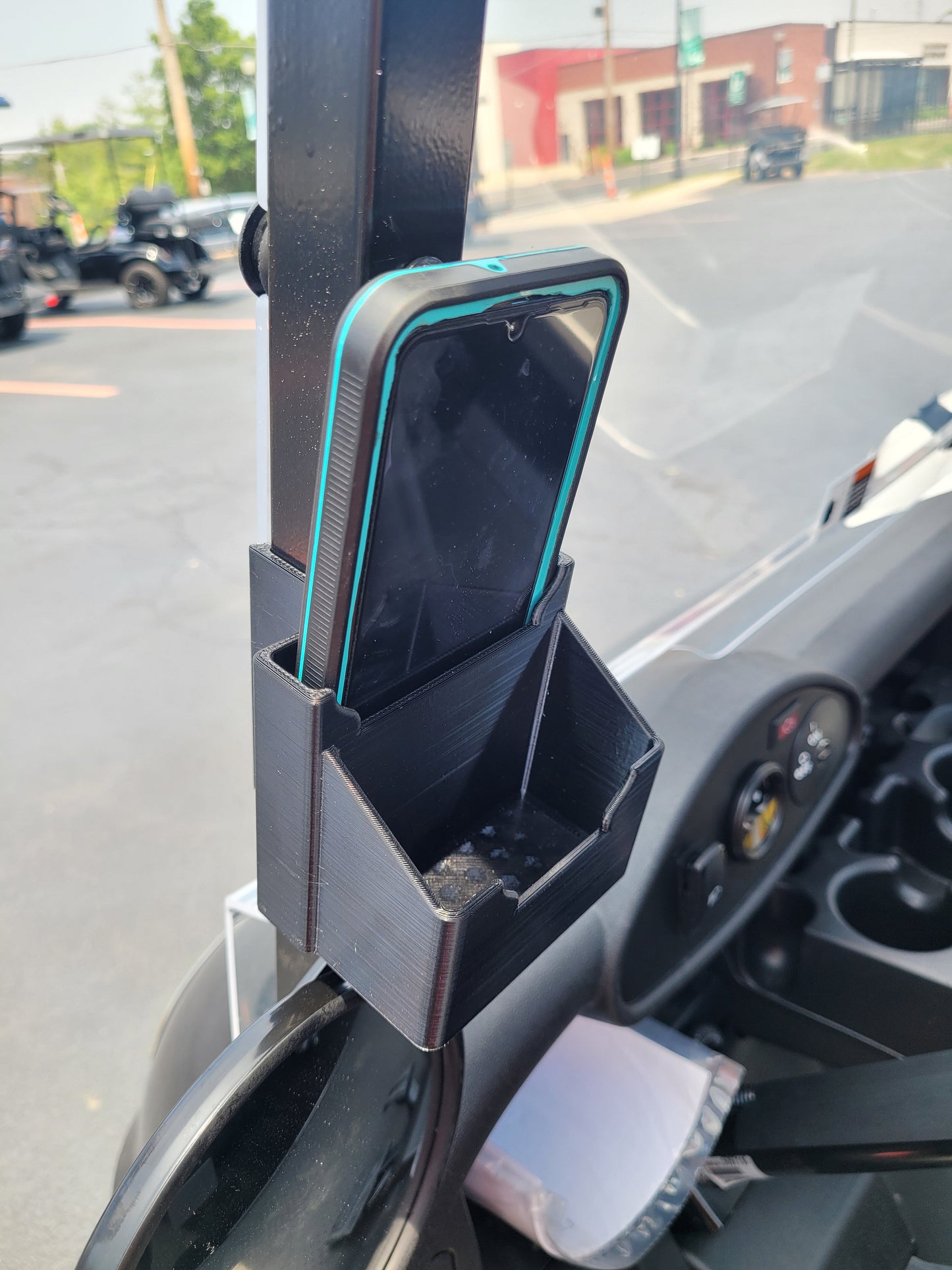 Phone Holder for Golf Cart Windshield Strut, Clip On/Off With Extra Storage Space!