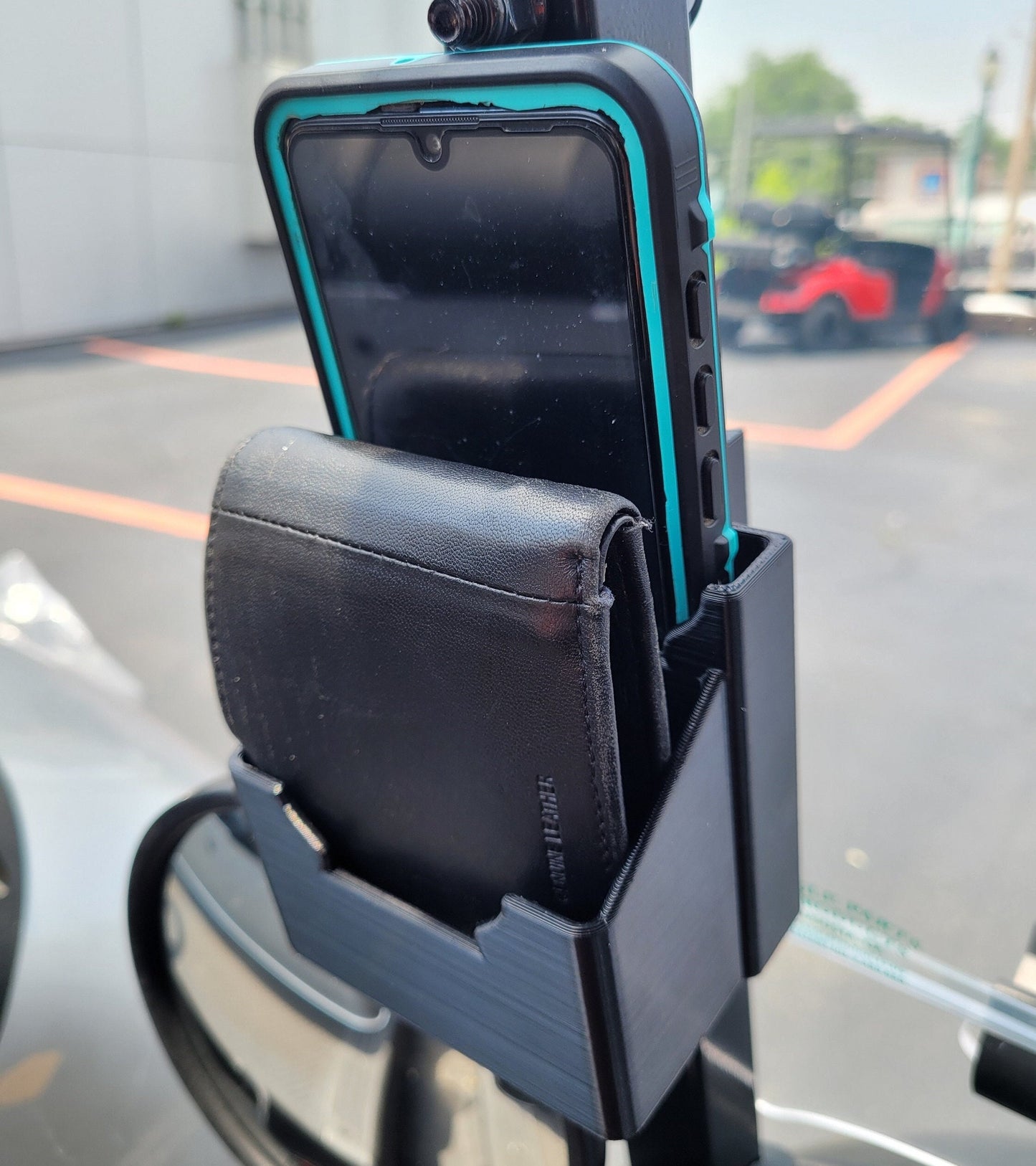 Phone Holder for Golf Cart Windshield Strut, Clip On/Off With Extra Storage Space!