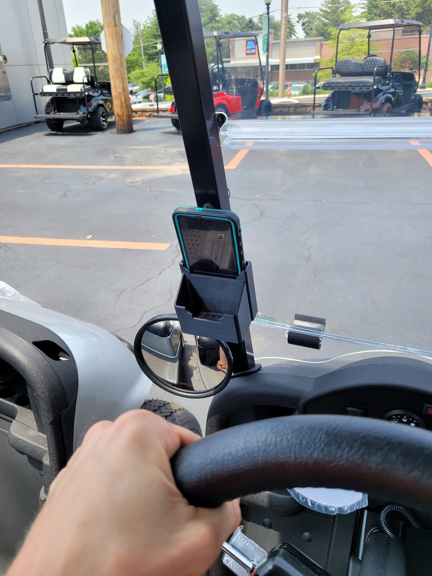 Phone Holder for Golf Cart Windshield Strut, Clip On/Off With Extra Storage Space!