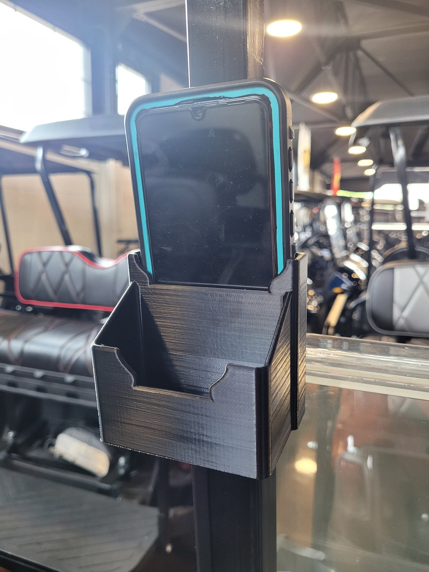 Phone Holder for Golf Cart Windshield Strut, Clip On/Off With Extra Storage Space!