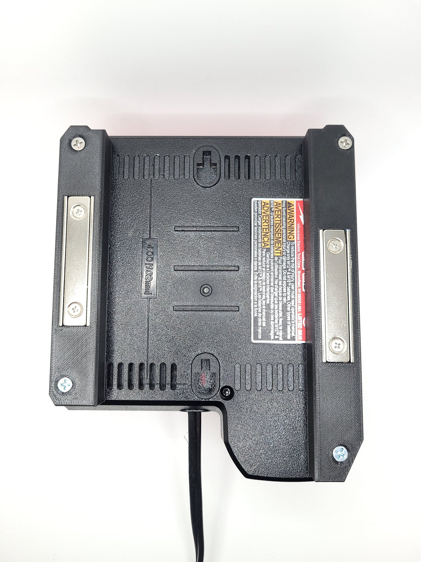 Milwaukee M12 M18 Rapid Charger Mount, Cat. No. 48-59-1808, Uses Two Neodymium Bar Magnets for Strong Hold on Metal Surface