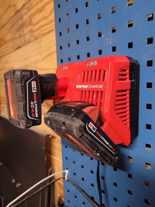 Milwaukee M12 M18 Rapid Charger Mount, Cat. No. 48-59-1808, Uses Two Neodymium Bar Magnets for Strong Hold on Metal Surface