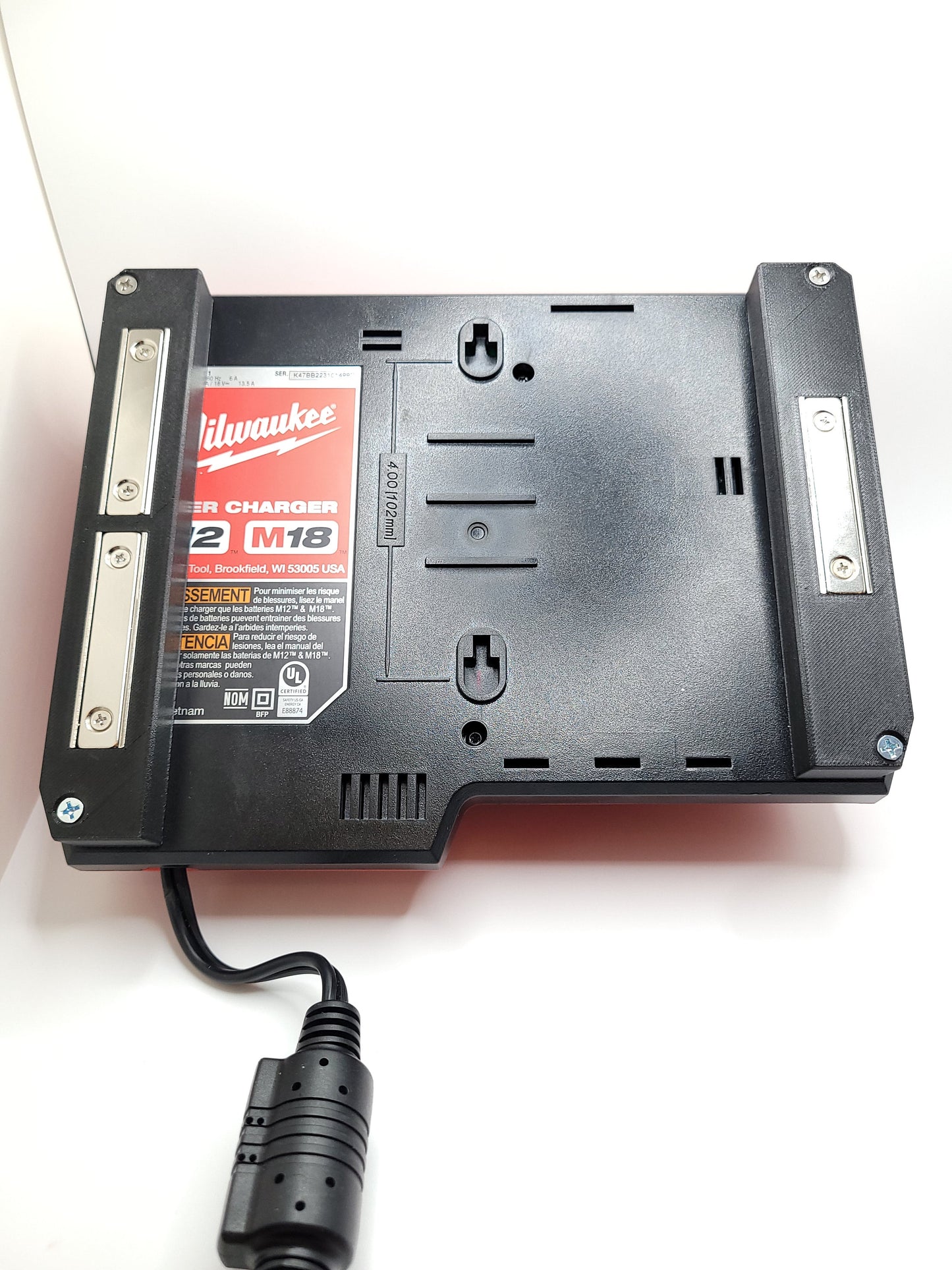 Milwaukee M12 M18 Super Charger Mount, Cat. No. 48-59-1811, Uses Three Neodymium Bar Magnets for Strong Hold on Metal Surface