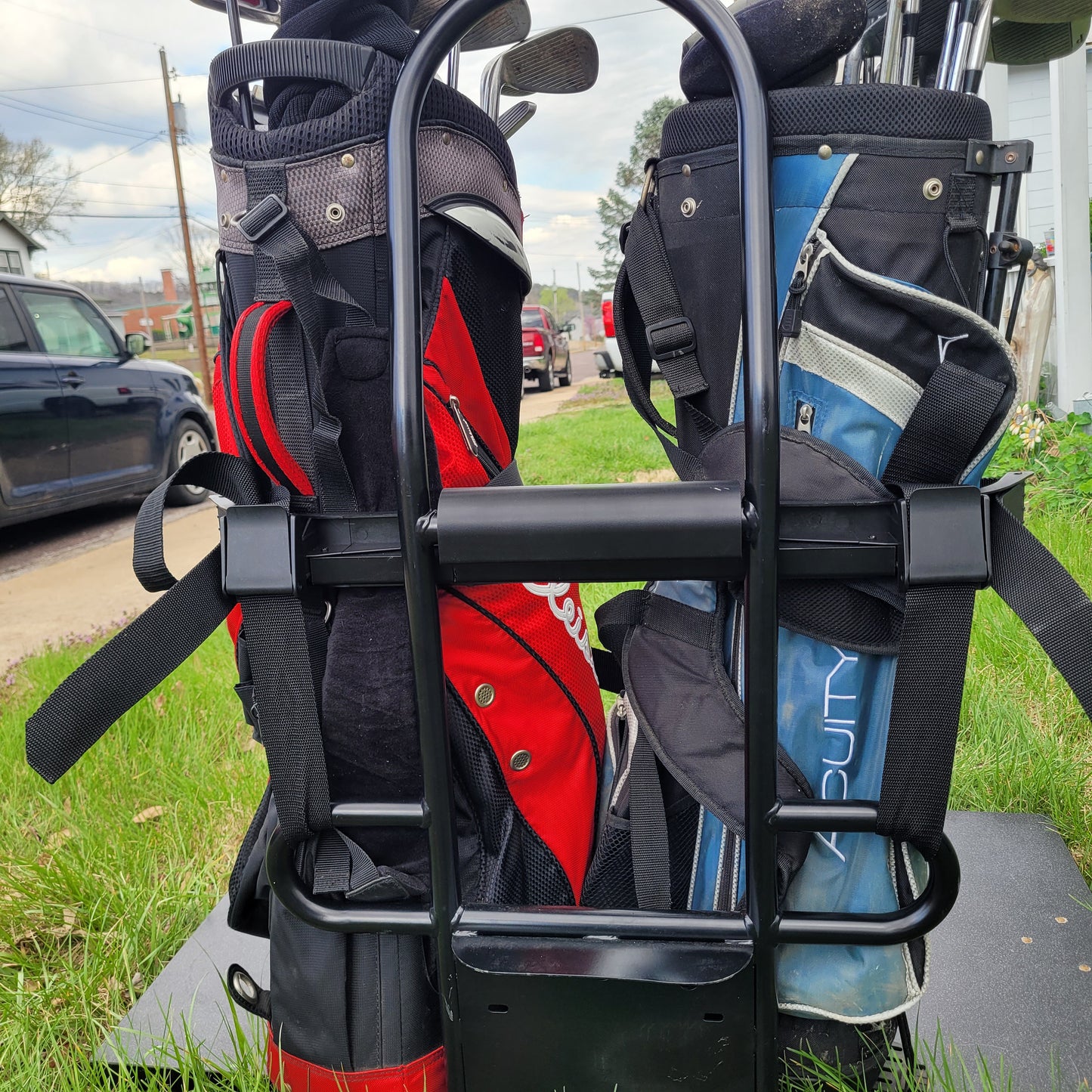 Golf Bag Holder for EPIC Golf Carts, Easily Removable, No Drilling Required, fits EPIC carts with Round Angled Top Tube Rear Bar, E40, E60