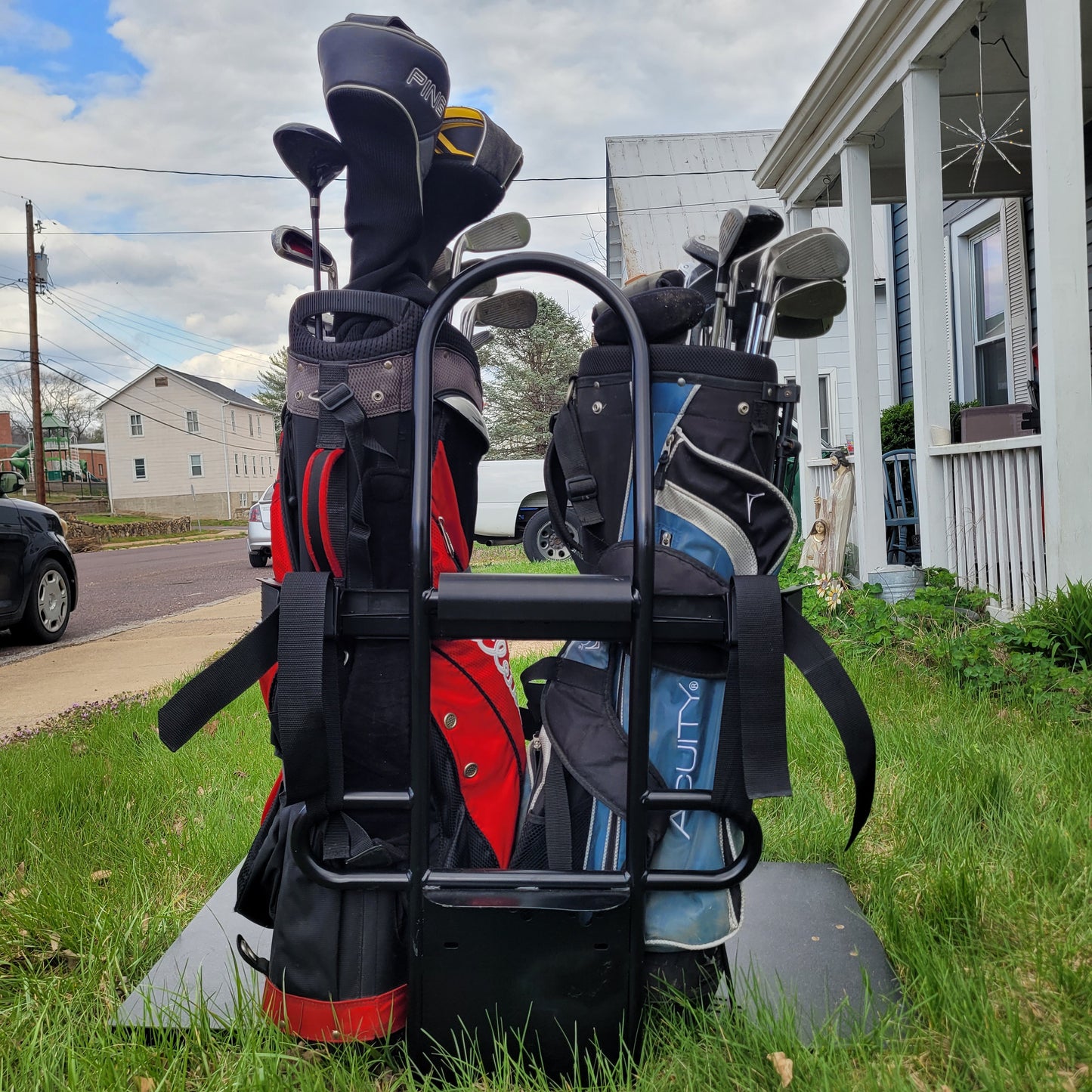 Golf Bag Holder for EPIC Golf Carts, Easily Removable, No Drilling Required, fits EPIC carts with Round Angled Top Tube Rear Bar, E40, E60